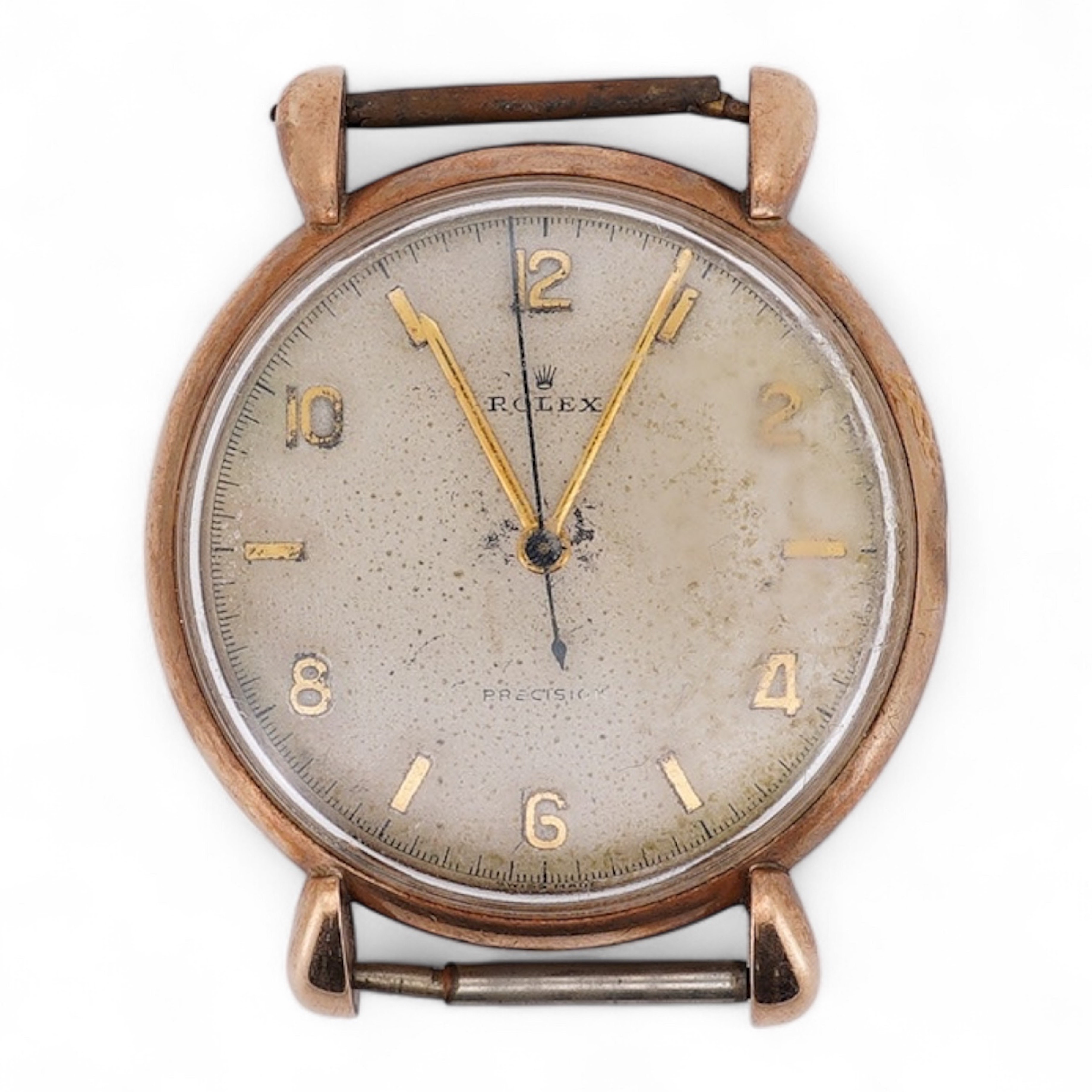 A gentleman's 1940's? 9ct gold Rolex manual wind wrist watch, with signed Super Balance movement, the inner case back numbered 4411 over 844, case diameter 34mm, no strap or winding crown. Condition - poor